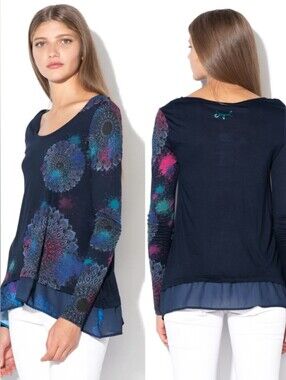 NEW Desigual Bolonia Mandalas Long Sleeve Tunic Top Womens Size Medium Navy Blue